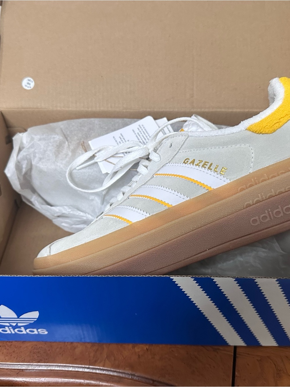 adidas Gazelle Women’s White and Yellow Suede Platform Sneaker